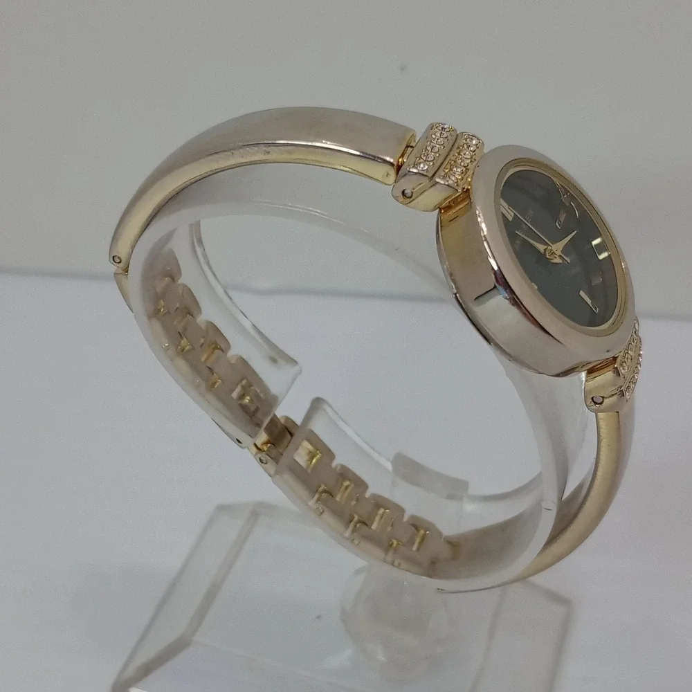 Anne Klein Women's Gold Tone AK/2474‎ Bangle Watch 24.1mm Black Dial New Battery